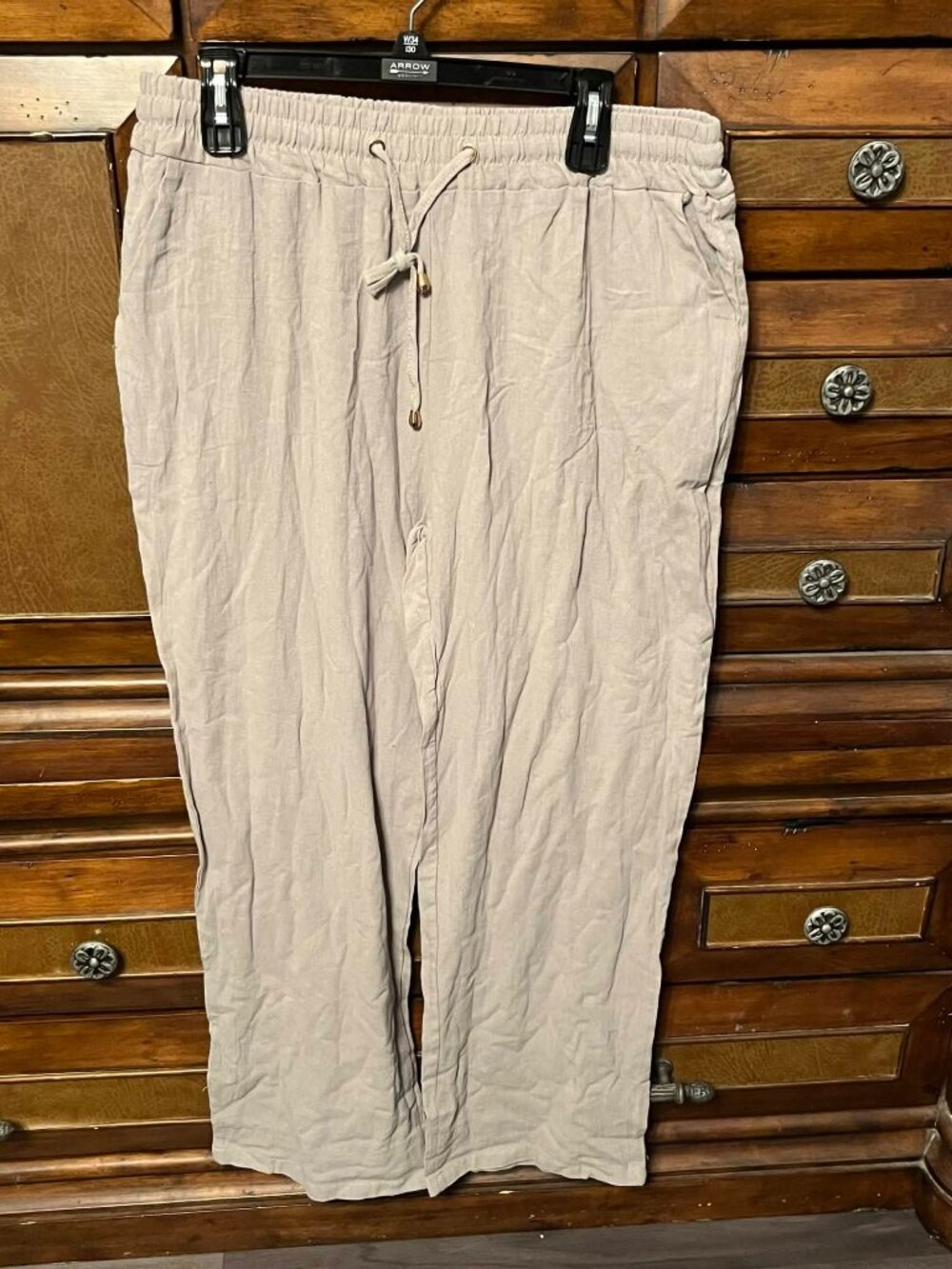 Women’s 2XL Beige Linen Blend Pull On Pants Elastic Drawstring Waist Wide Leg